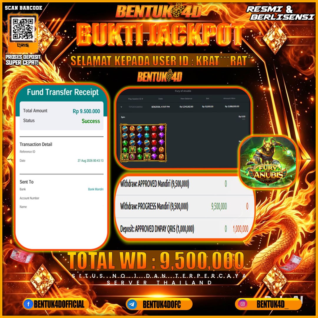SELAMAT KEPADA USER ID : KRAT***RAT KEMENANGAN Rp 9,500,000 (FURY ANUBIS) BENTUK4D