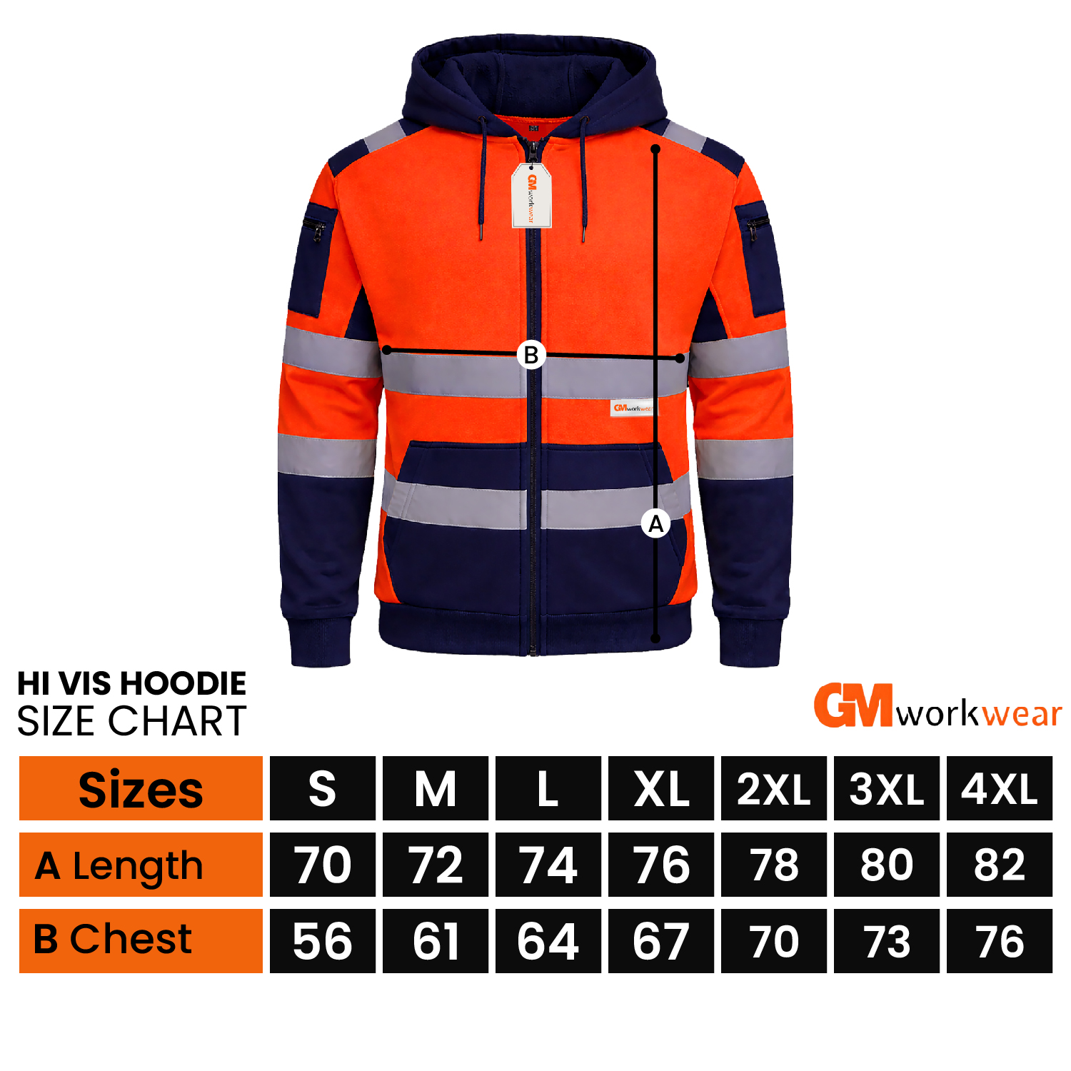 GM Workwear Hi Vis Hoodie Size Chart S M L XL 2XL 3XL 4XL Chest Length