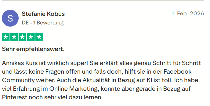 Trustpilot-Bewertung von Stefanie Kobus über den Pin dich Reich Kurs