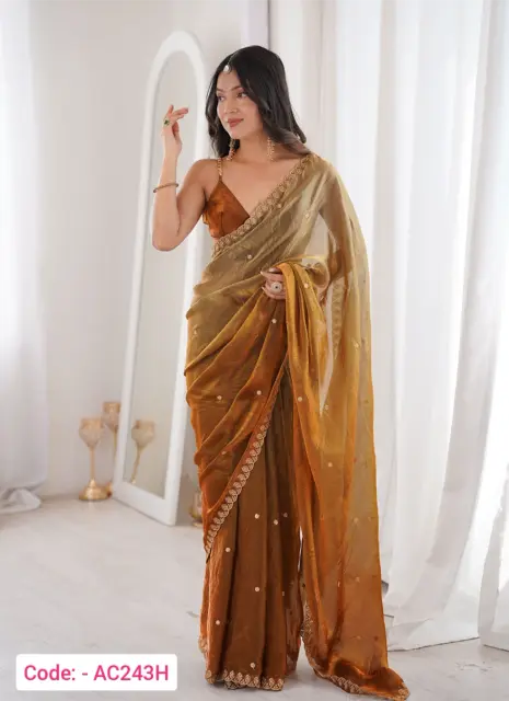 Embroidery work Mustard color satin saree