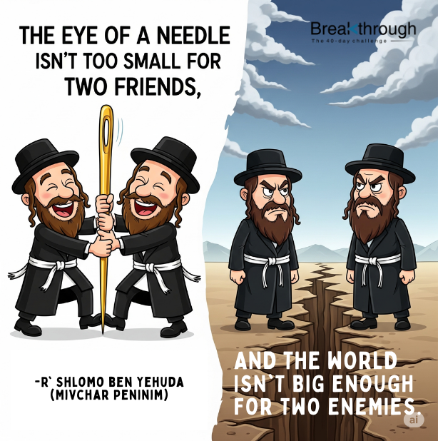 Cartoon friends share a large needle while two angry men stand across a chasm, illustrating friendship and enmity.