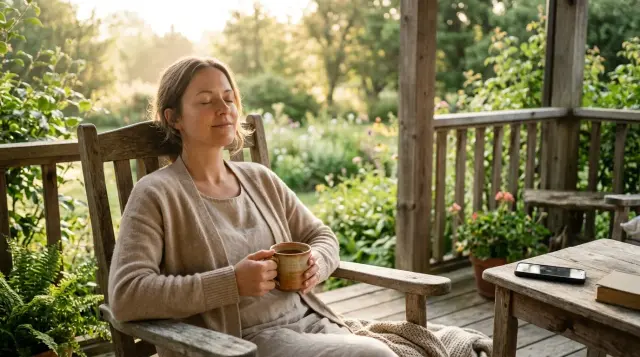 Person peacefully enjoying morning tea on sunlit porch with phone abandoned nearby