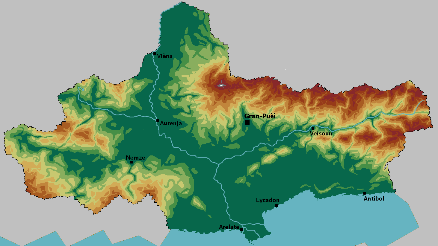 Relief et hydrographie de la Praefectura Praetori Lygia Fausti Nanti. Le pays est traversé du Nord au Sud et d'Est jusqu'au centre par deux imposants cours d'eau. Les sept principales agglomérations du pays sont également représentées. Une importante chaine de montagnbe couvre la moitié Est du pays et le sépare du septentrion alors que les côte et le lit du fleuve principale forment de grandes plaines arables. L'Ouest du pays, lui, est couvert de vallées moins profondes et de plateaux. Ce sont des vallées qui donnent leur nom au pays