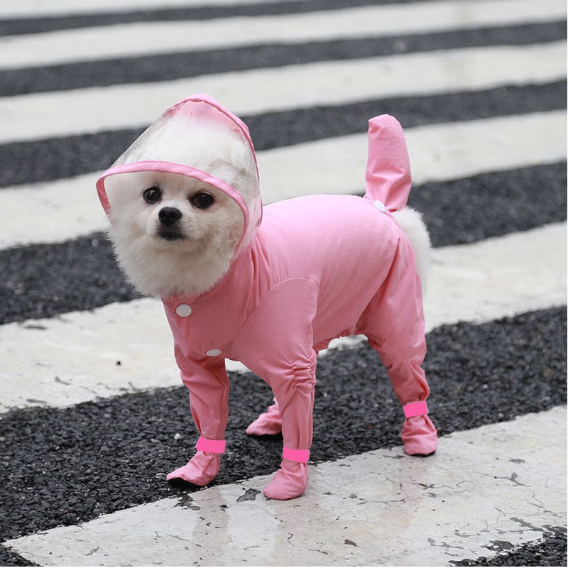 Pink S size Full Coverage Pet Raincoat Jumpsuit Waterproof Dog Rain Suit with Attached Shoes and Tail Cover-Lightweight Hooded Dog Poncho for Small Dogs