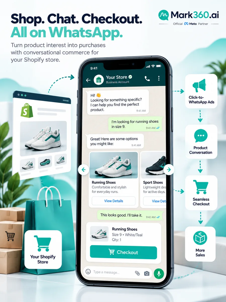 Phone showing a Click-to-WhatsApp Shopify shopping conversation with a checkout button