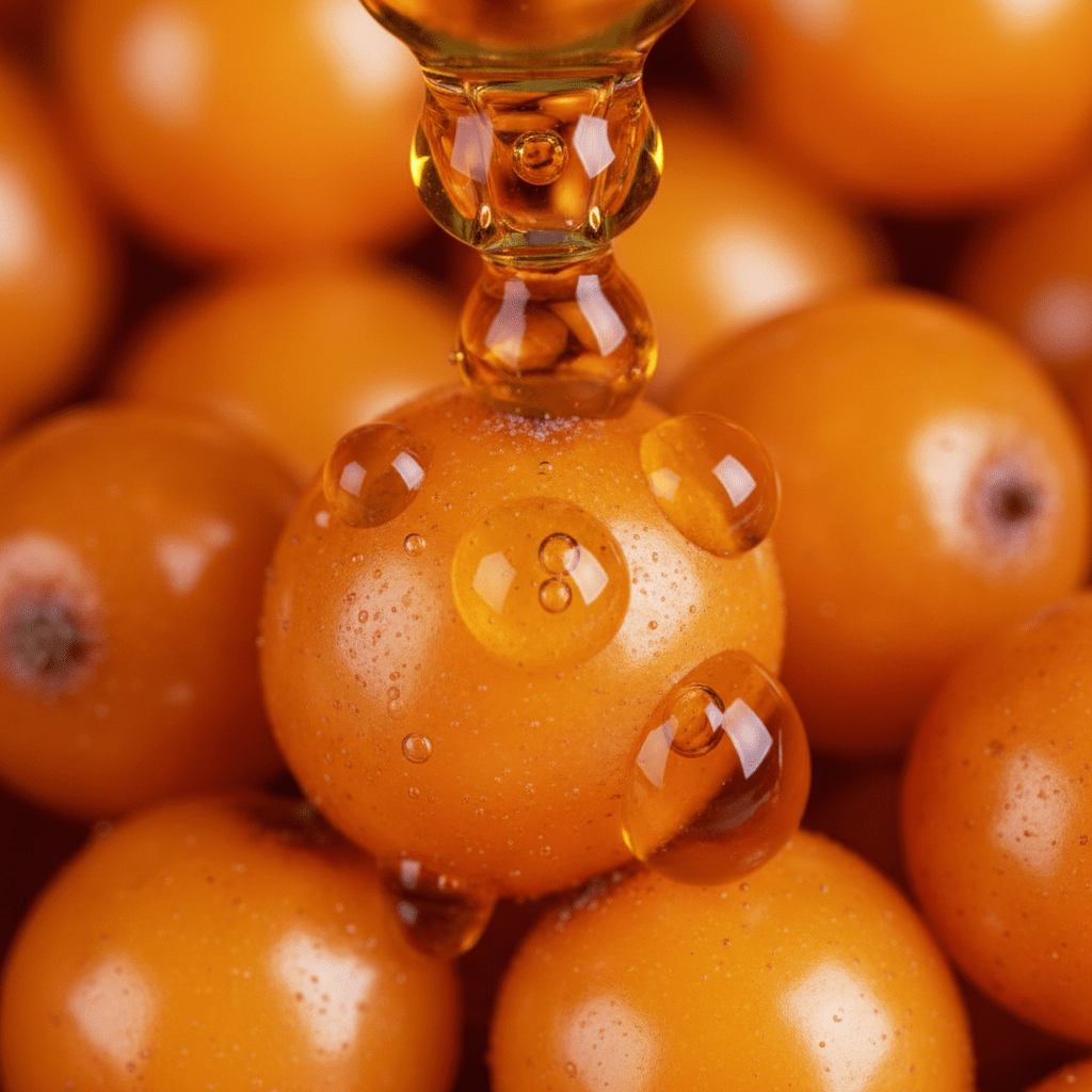 Macro of sea buckthorn oil droplets and berries showing rich orange pigment