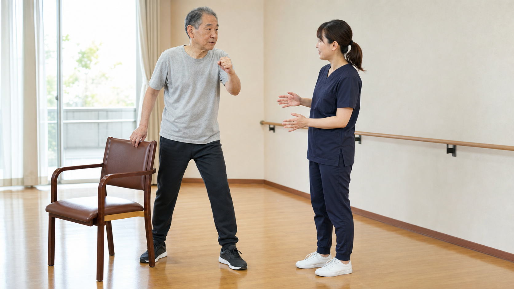 ボクシング運動後に椅子のそばで専門職と安全を確認するパーキンソン病の方