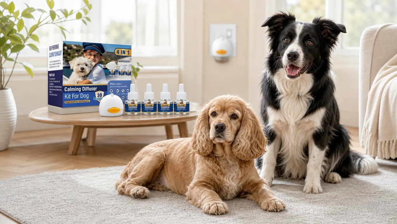 Two calm dogs resting with CaninEase diffuser kit