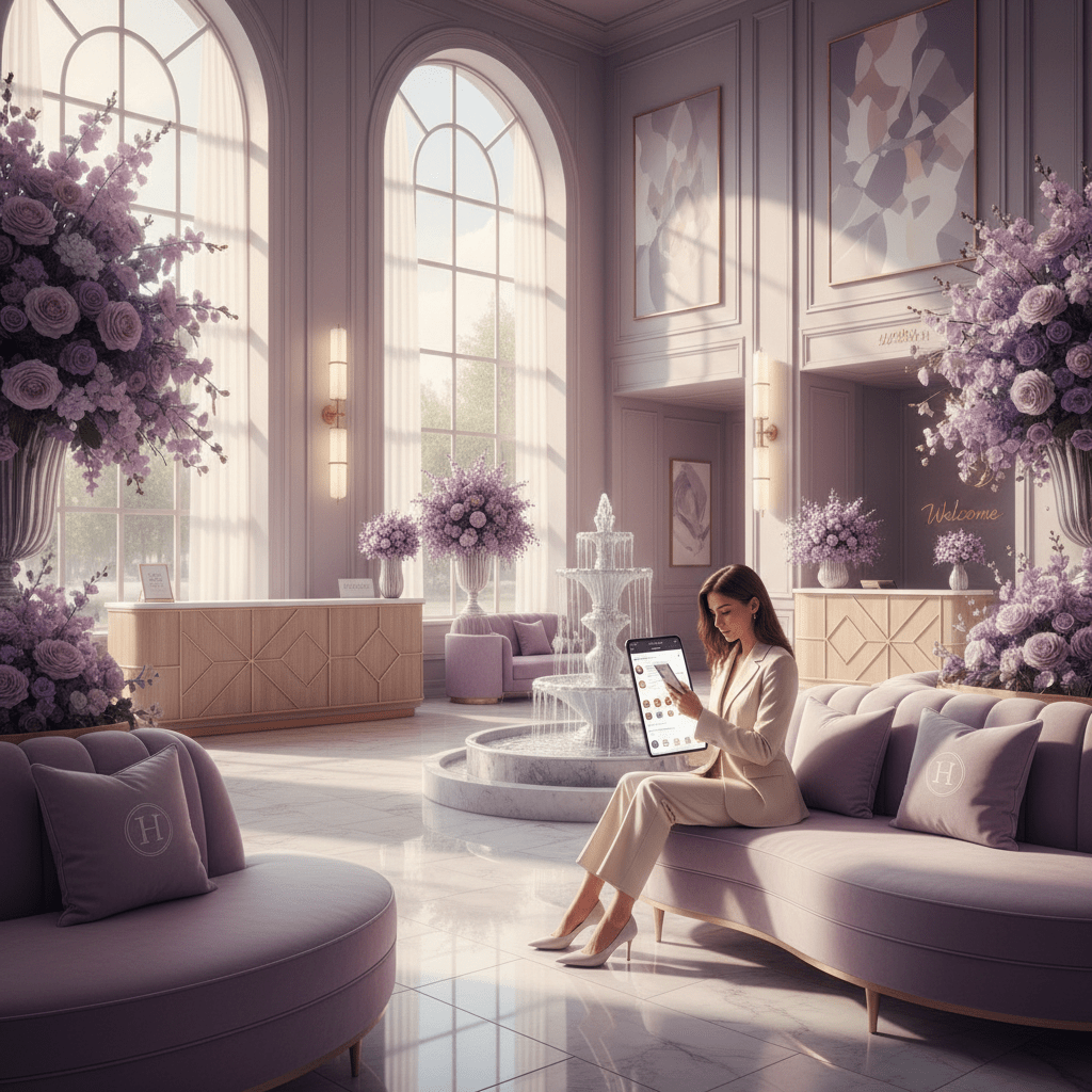 Hotel guest browsing social media in a stylish lobby