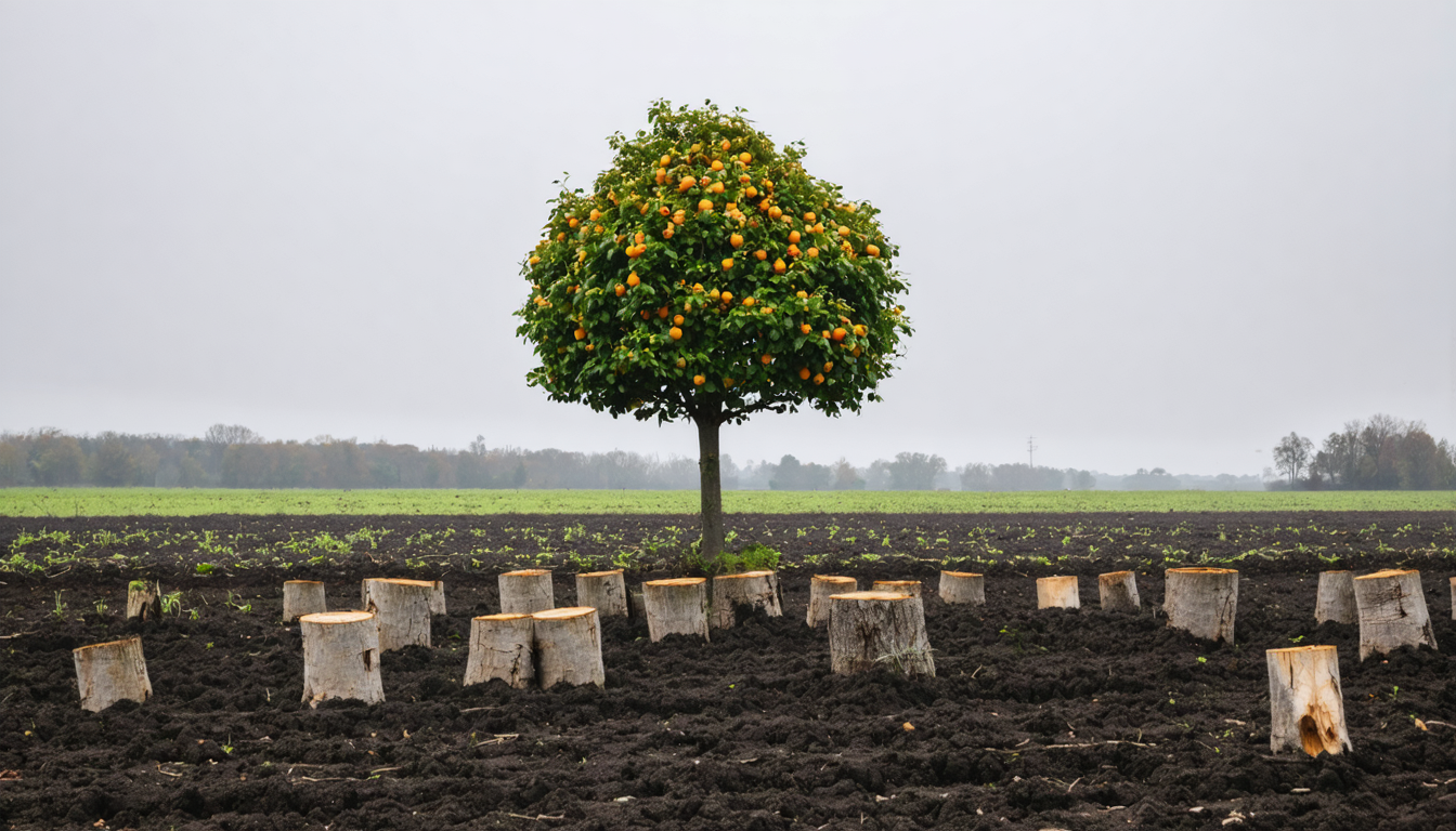 A lone fruit tree in an otherwise empty cleared field, with cut stumps visible around it, under flat grey morning light.