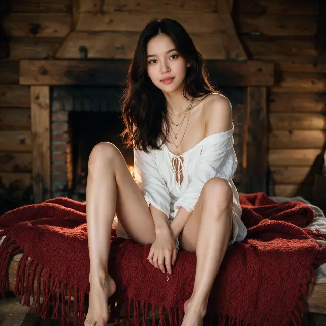 A girl with a white tied top draped off her shoulders and layered necklaces, sitting barefoot on a red fringed blanket in front of a fireplace, rustic wooden cabin interior, cozy and nostalgic atmosphere, ultra-detailed