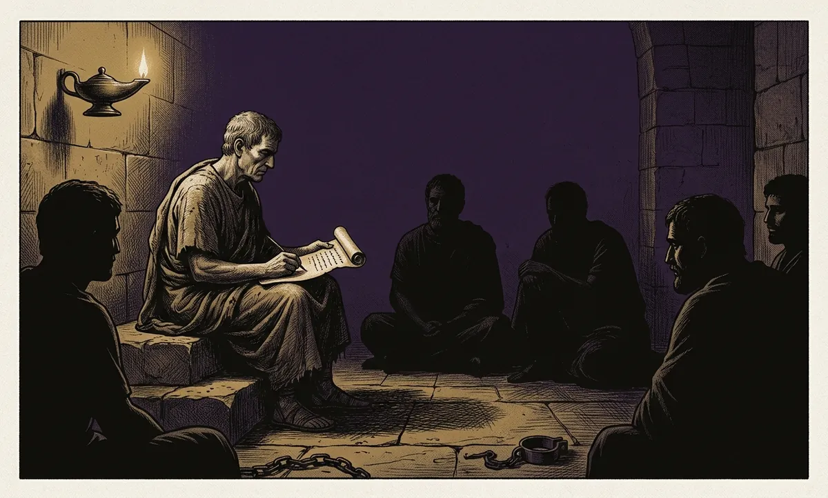Filósofo romano ensinando prisioneiros à luz de lamparina