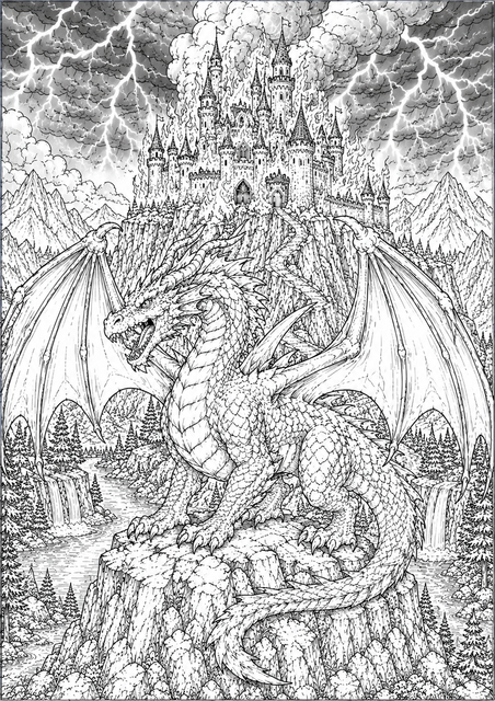 Printable Storm Dragon Castle Adventure colouring page for kids