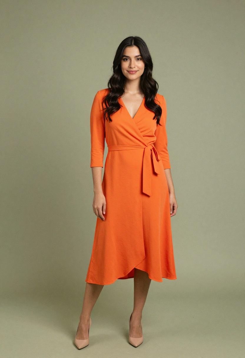 Tangerine wrap dress with nude classic pumps for vibrant work look