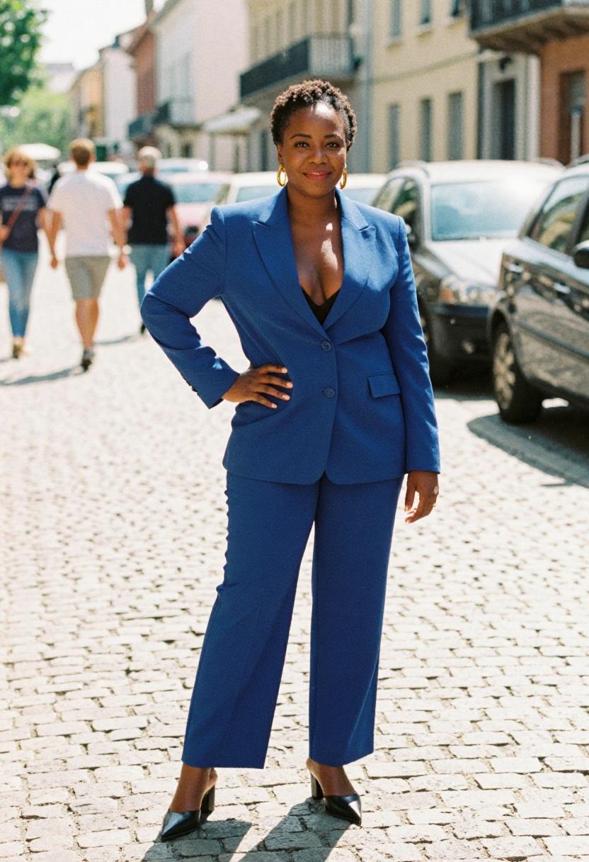 Cobalt blue power suit with gold accessories for a stylish escape room adventure date