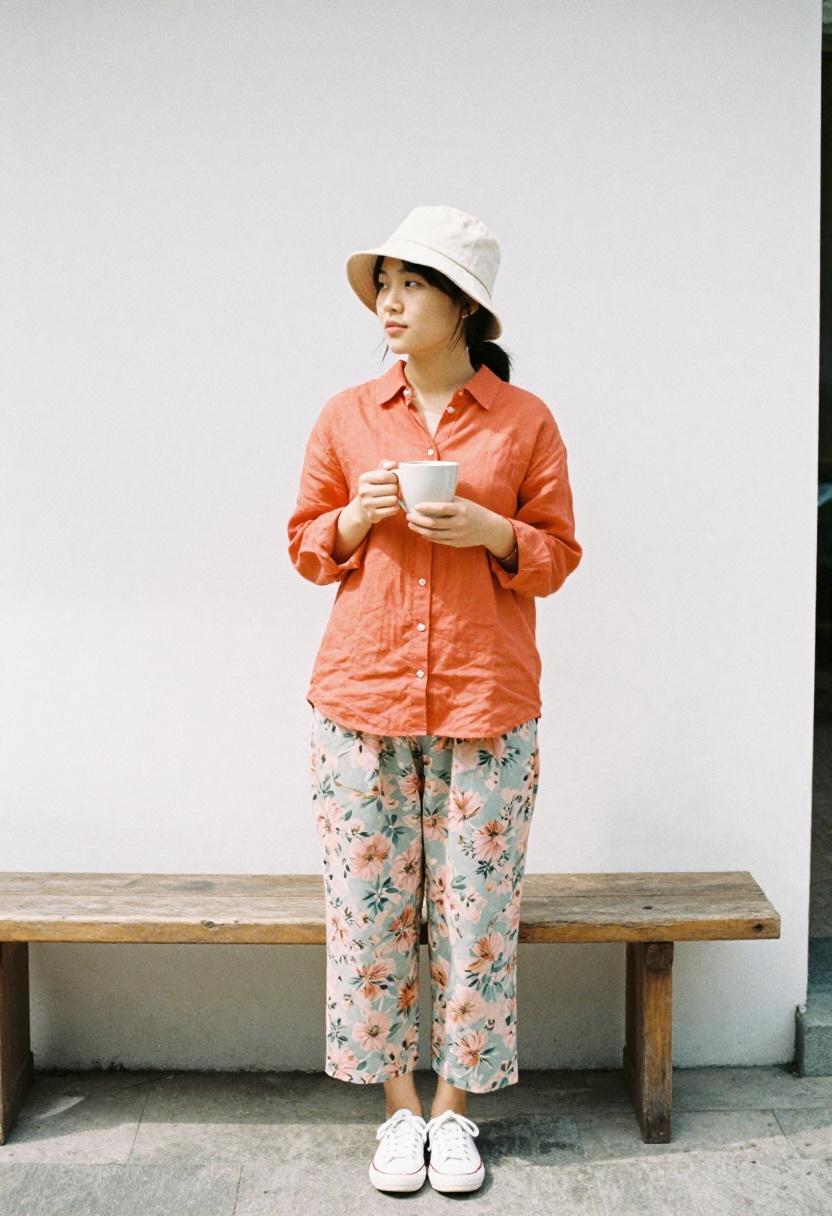 Tangerine linen shirt tucked into floral culottes for cherry blossom season
