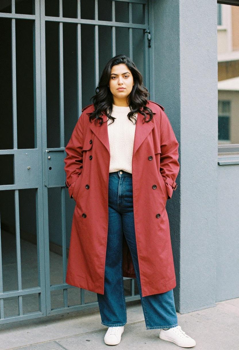 Terracotta double-breasted trench over chunky knit plus-size urban spring style