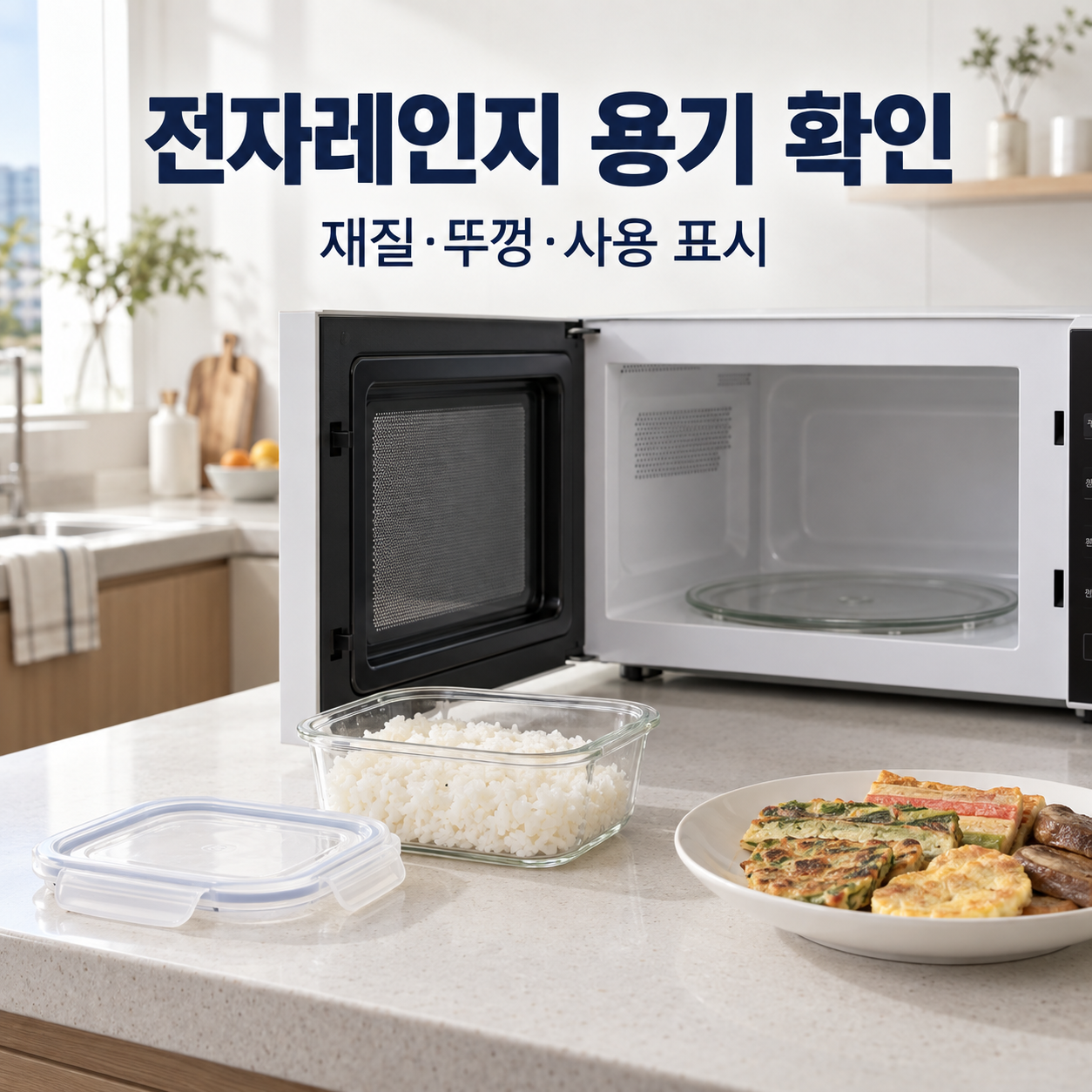 전자레인지 앞에서 유리 용기와 분리한 뚜껑의 사용 조건을 확인하는 설명용 이미지