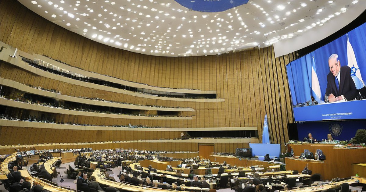 A wide shot of the United Nations General Assembly hall with empty seats and a podium under bright lights.