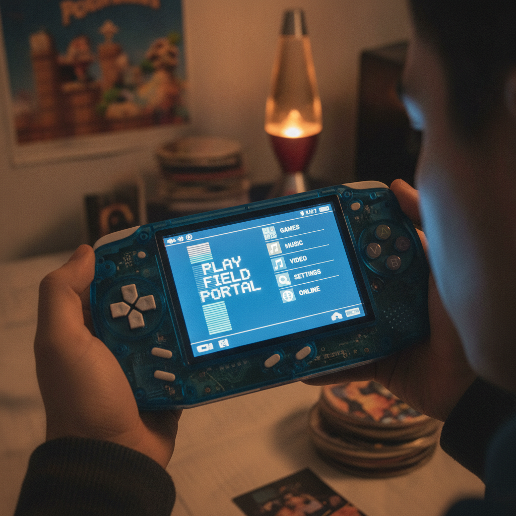 A handheld device screen displaying the Play Field Portal interface with XMB-style icons