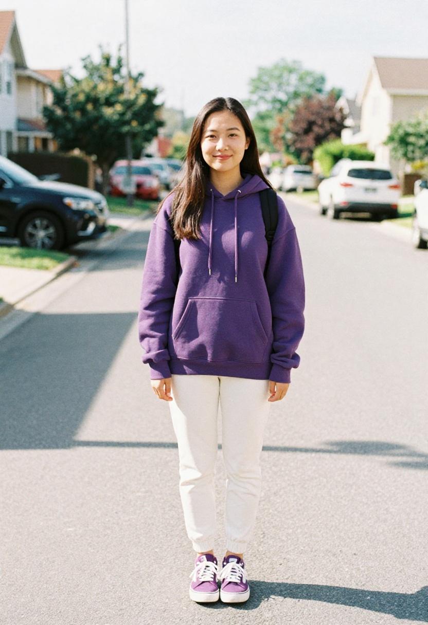 Royal purple hoodie with off-white joggers and mini drawstring backpack for game day