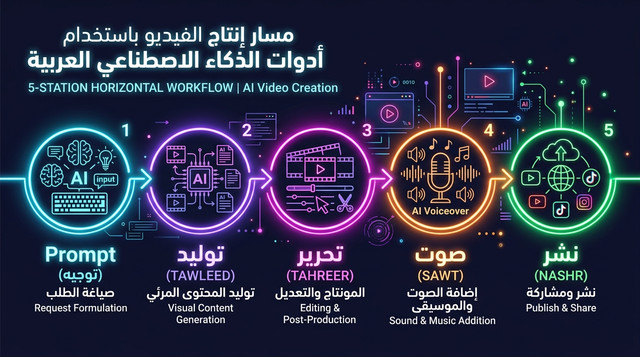 خطوات إنتاج فيديو باستخدام أدوات فيديو AI عربي — من كتابة Prompt النص إلى النشر على المنصات