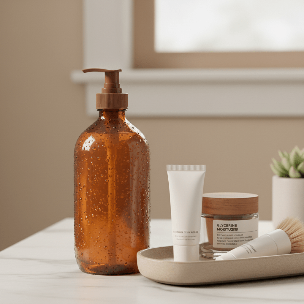 Photorealistic bathroom skincare scene with a glycerine moisturizer bottle and water droplets