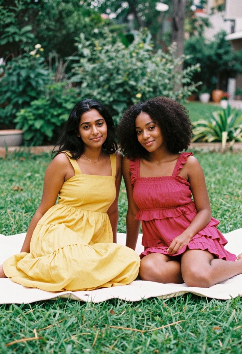 Two friends in bold tiered sundresses at a spring garden picnic