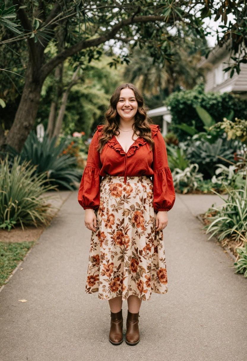 Ruffled terracotta blouse tucked into a floral prairie skirt for a cottagecore outdoor look