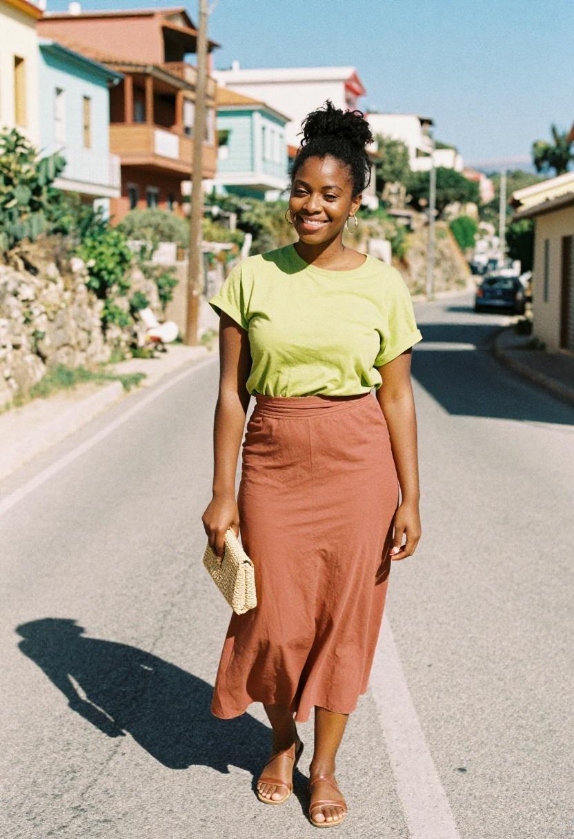 Lime green graphic tee tucked into terracotta midi skirt against colorful Mediterranean street backdrop