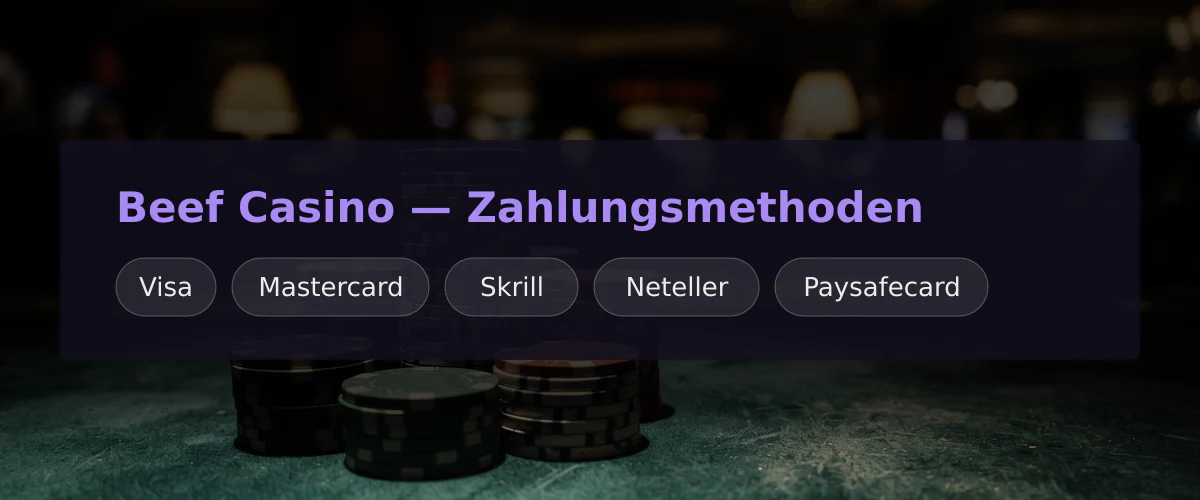 Beef Casino — Zahlungsmethoden: Visa, Mastercard, Skrill, Neteller, Paysafecard