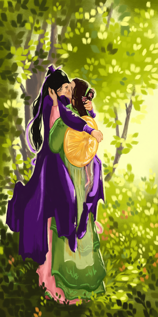Ling Wen and Yushi Huang kissing against an early-autumnal peach tree