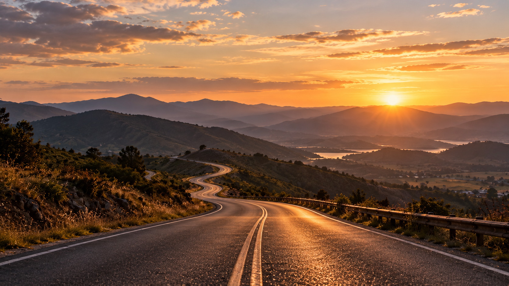 Estrada sinuosa e vazia segue em direção ao horizonte iluminado pelo pôr do sol, simbolizando a busca contínua pela próxima mudança