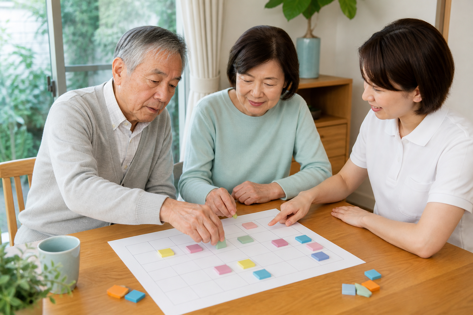 本人と家族と専門職が活動と休息の計画を立てる場面