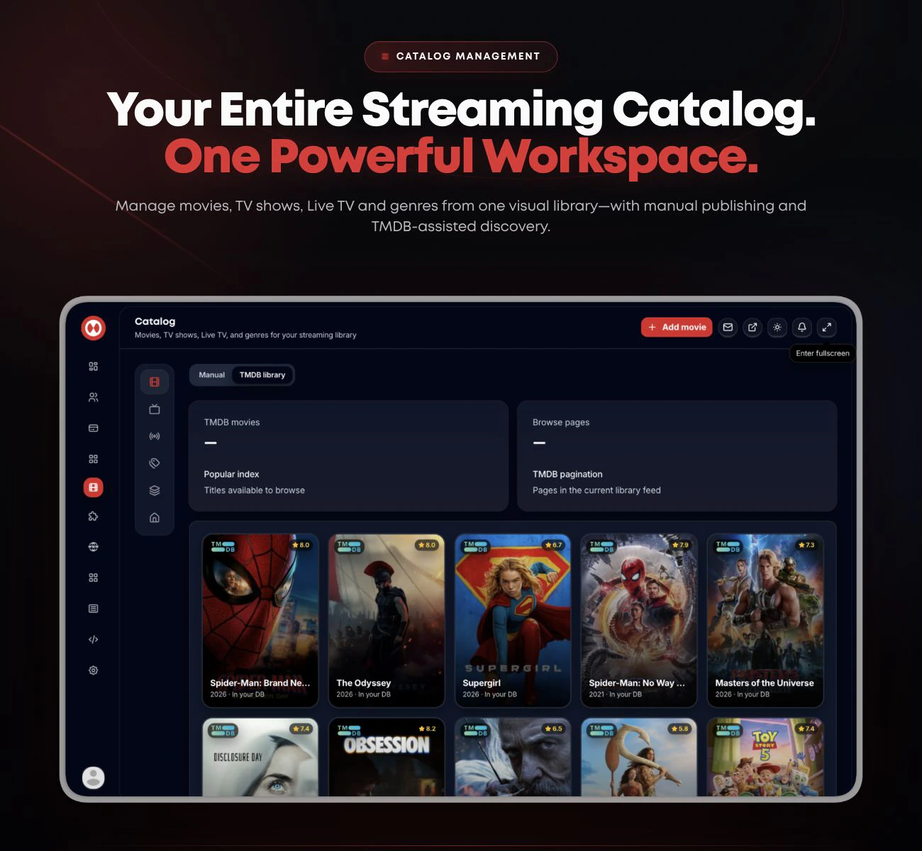 Streamly movie, TV show and Live TV catalog management with TMDB-assisted content discovery