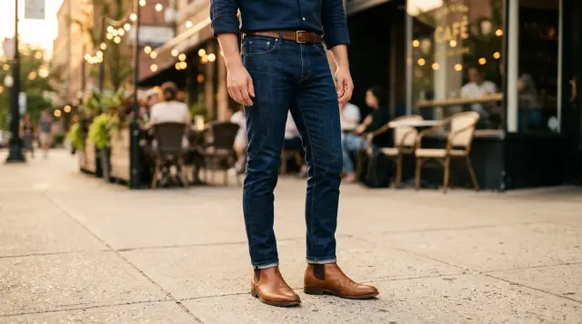 Well-tailored slim dark jeans and Chelsea boots showing precise fit and clean proportions
