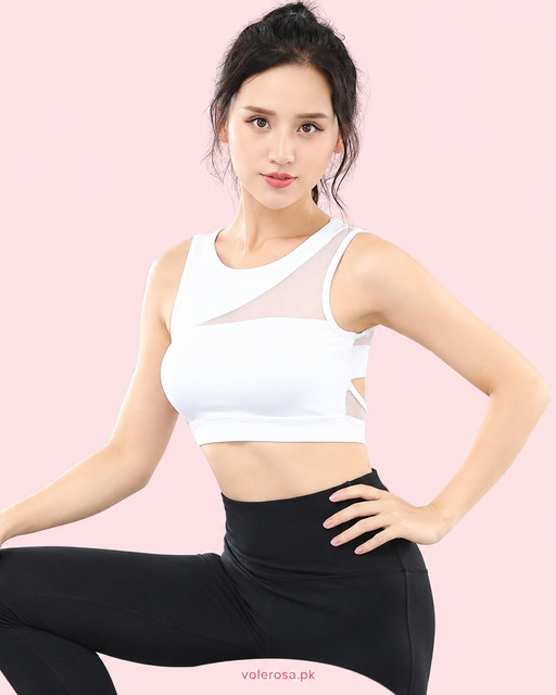 Mesh Panel Crop Workout Sports Bra – Breathable High-Support Activewear Top, Front view