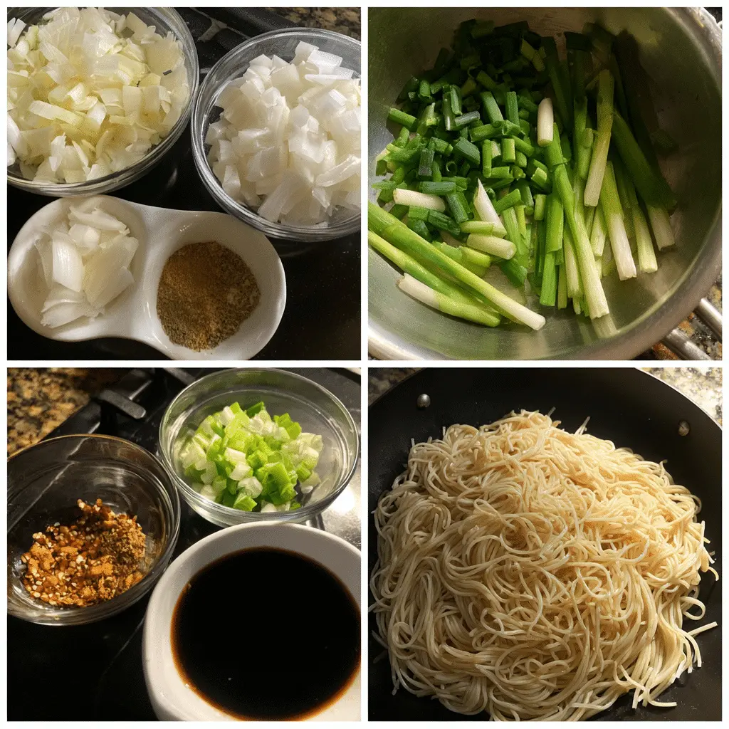 Bowl of ginger scallion noodles garnished with fresh scallions and sesame seeds, served as a quick and flavorful Asian-inspired meal.
