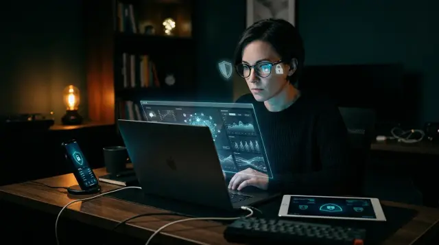 Person illuminated by laptop glow in dark office surrounded by security-themed device displays, vigilant mood