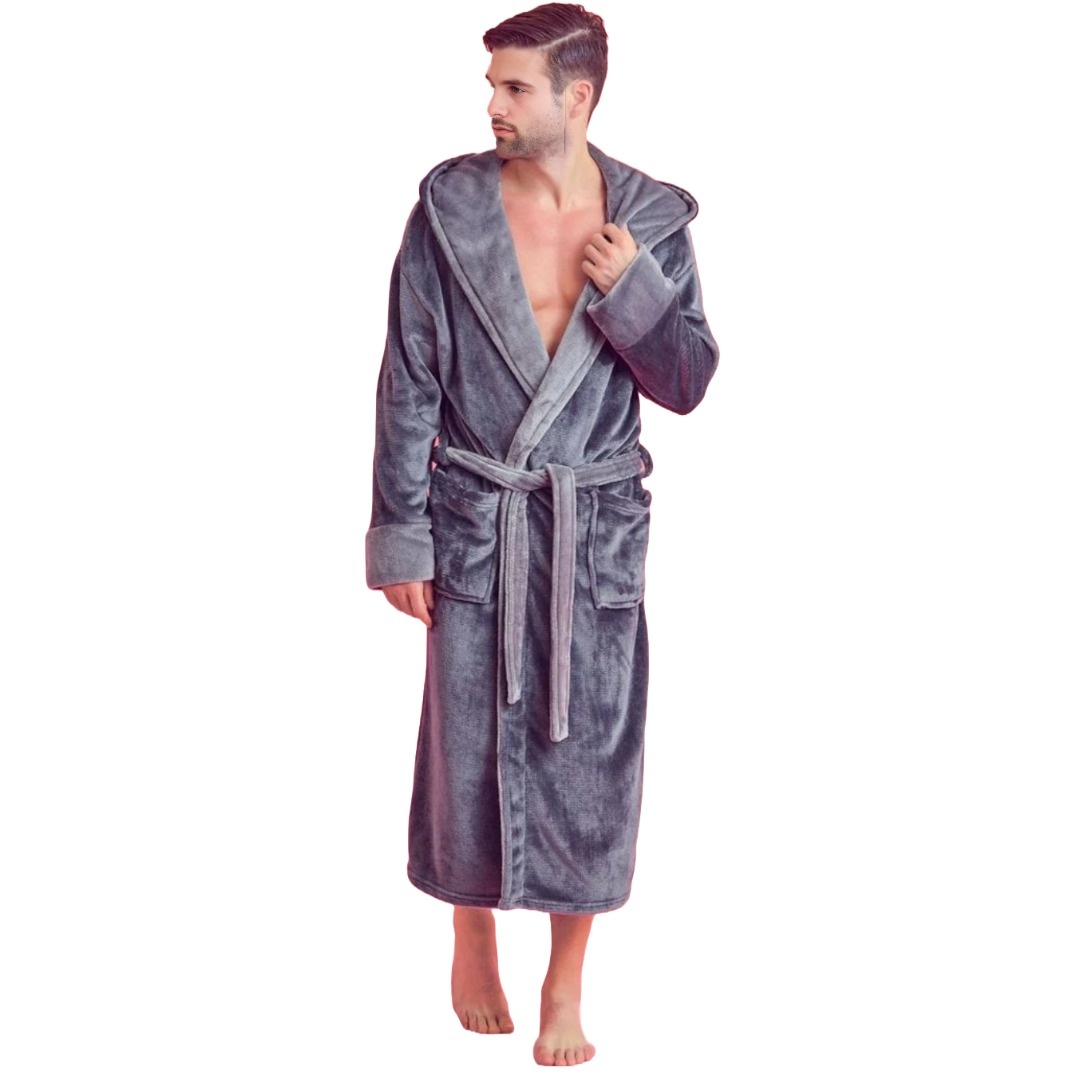 Men Plush Shawl Collar Robe, Unisex Gray (S/M) view 3