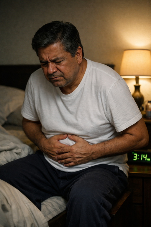 Hombre levantándose al baño de noche — síntoma de próstata inflamada