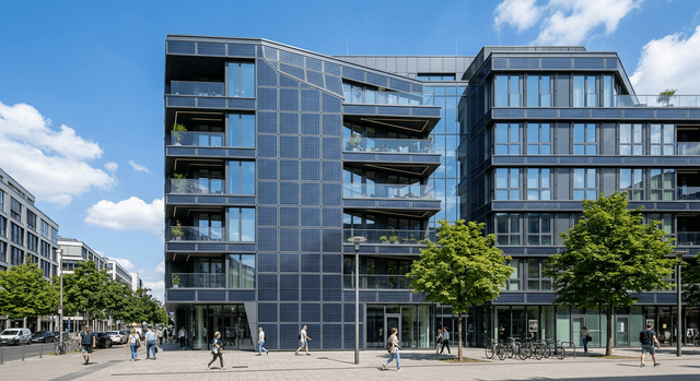 Modern building with BIPV solar panels integrated into the facade