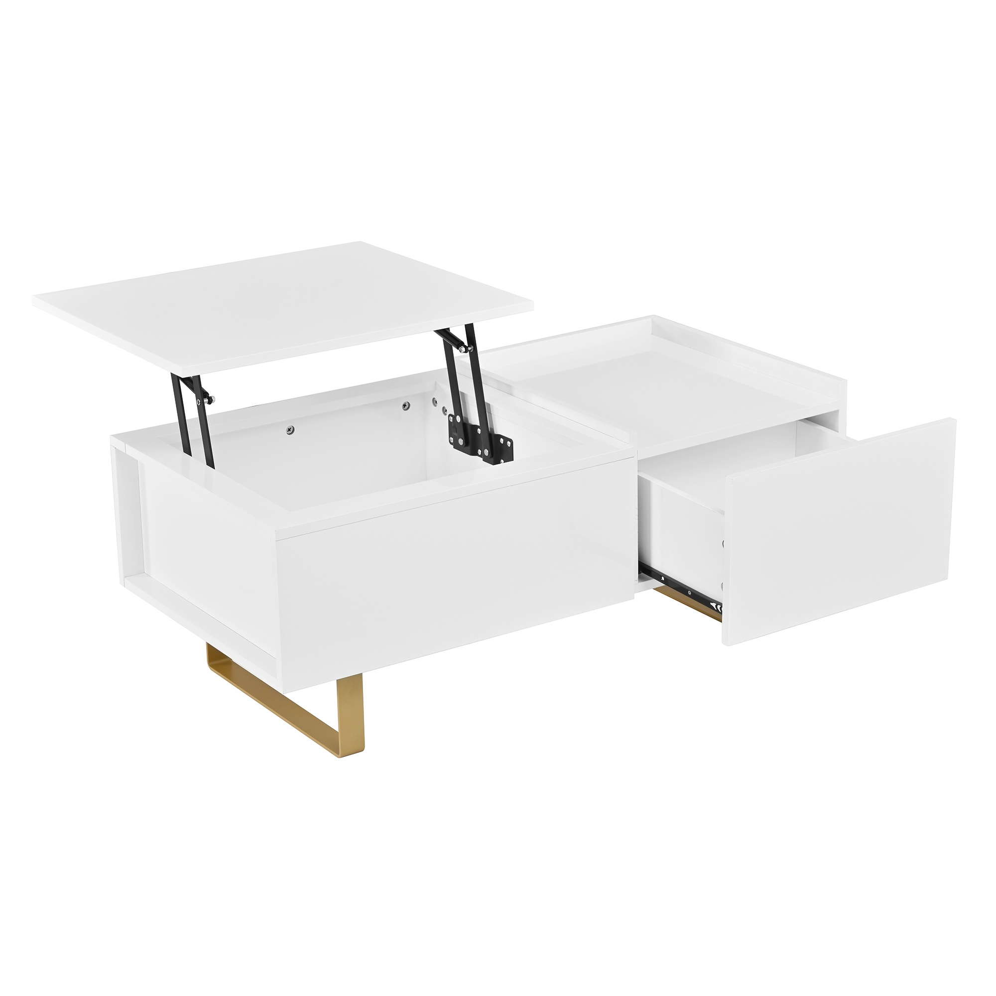 Table Basse Blanc, Rangement, Étagères Réglables, Plan Relevable, 1 Tiroir, Design Moderne - Panneau composite de fibres de bois à densité et Métal - 100x50x54.5cm - Salon 6