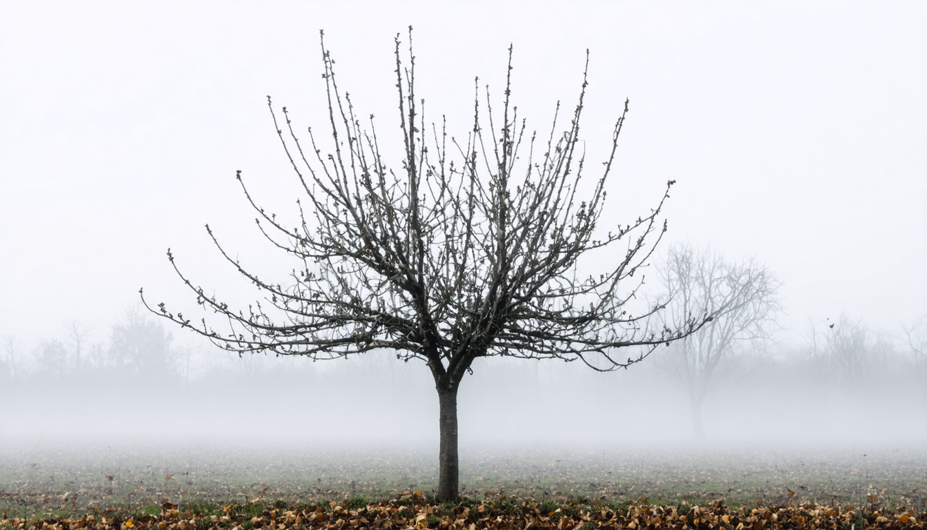 A lone fruit tree in winter fog, holding its ambiguity against an indifferent sky.