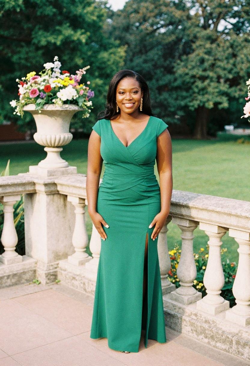 Woman in emerald green structured gown with gold accents at a summer black tie affair