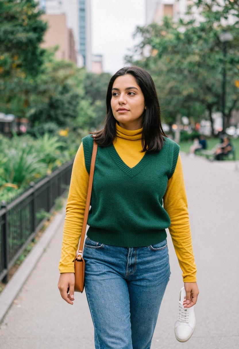 Forest green sweater vest over mustard turtleneck, rich color-blocked preppy look for spring park stroll