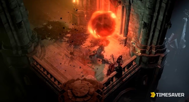 A Diablo 4 character fighting through dense enemies in the dark stone halls of The Pit of Artificers