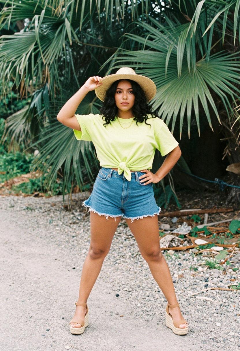 Knotted lime green graphic tee with flared denim shorts and platform espadrilles for confident plus size street style