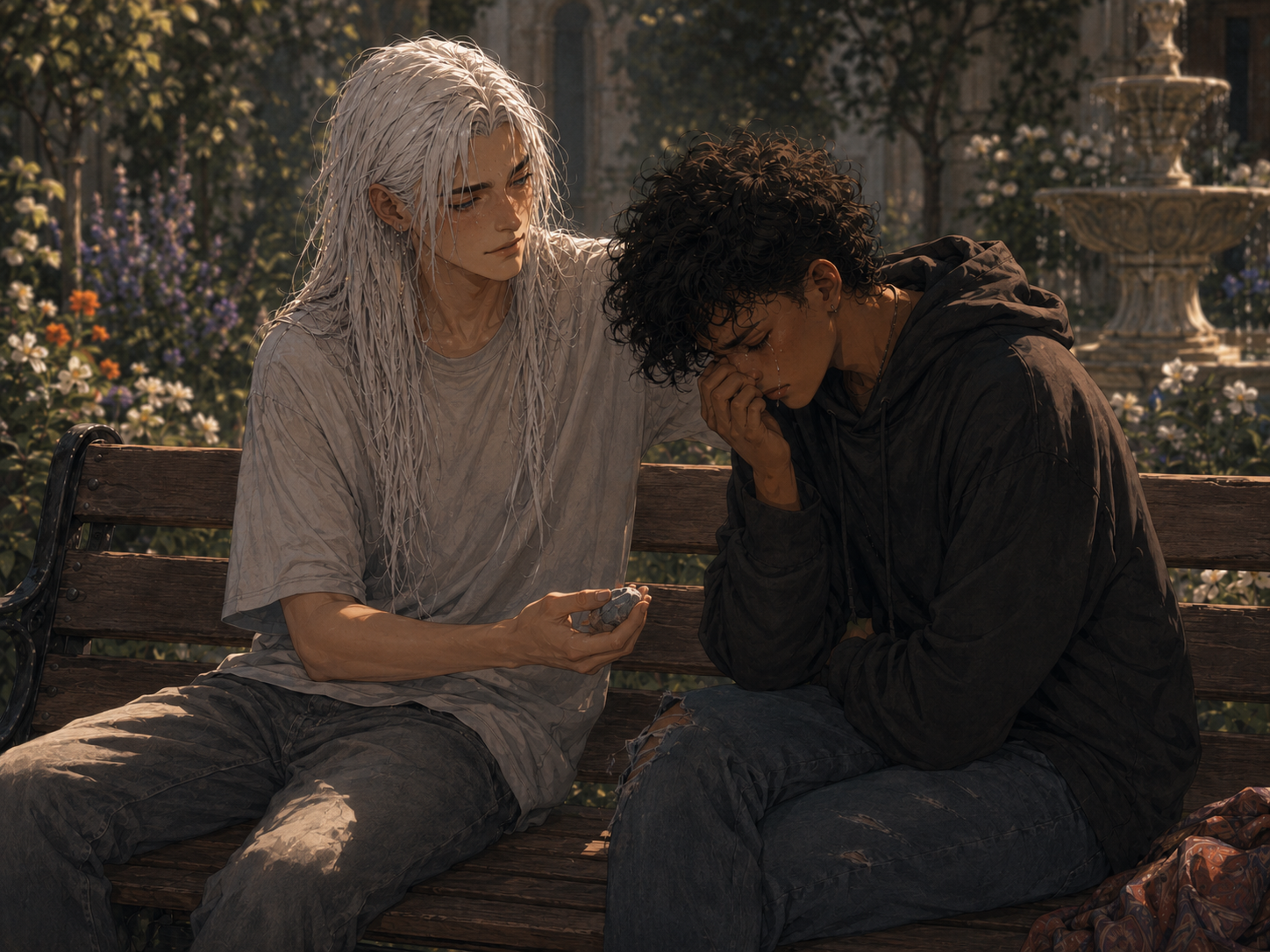 Landon comforting someone with a stone in his hand, showing his gentleness.