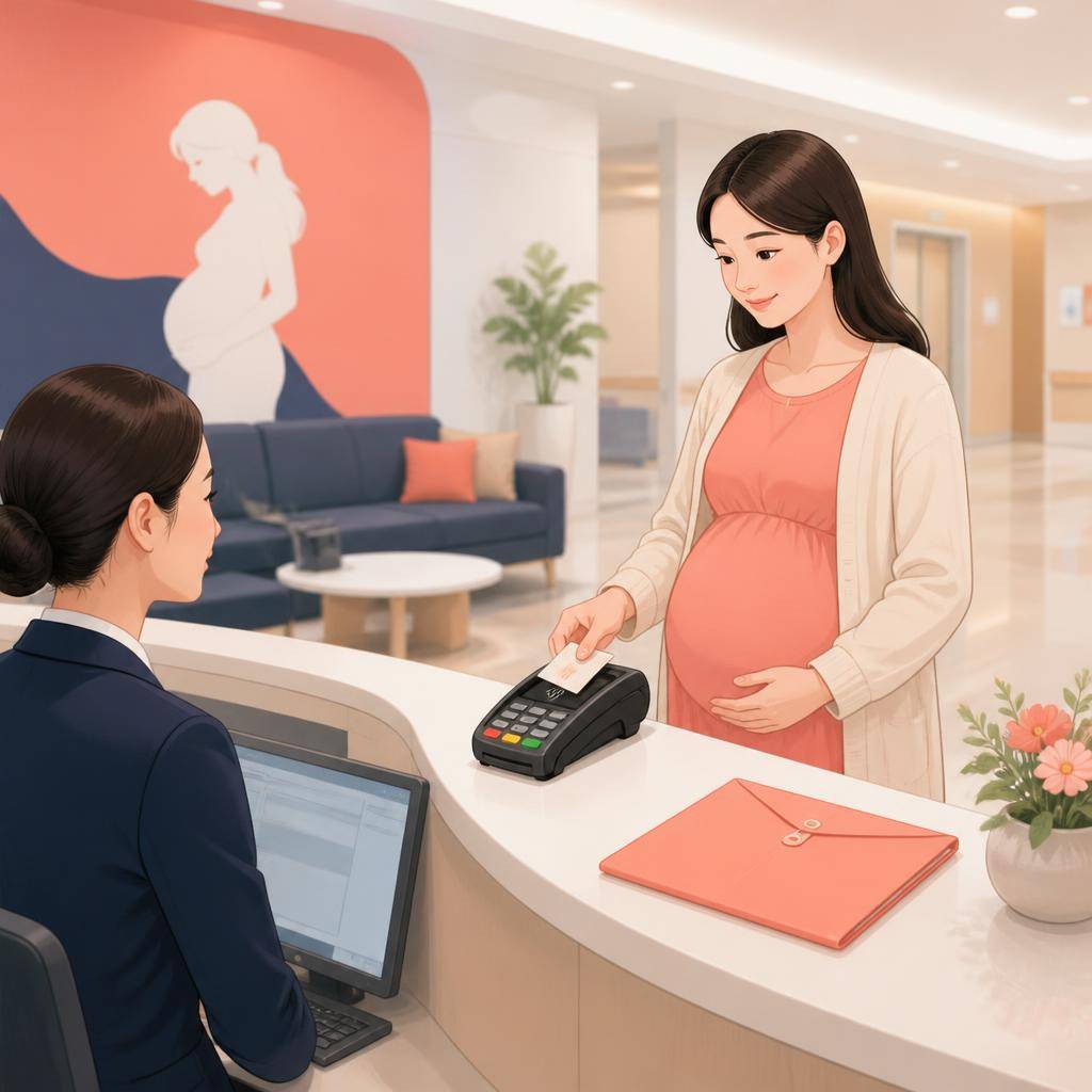 병원 접수창구에서 예비 엄마가 카드를 결제 단말기에 대는 모습, 옆에는 건강보험 임신·출산